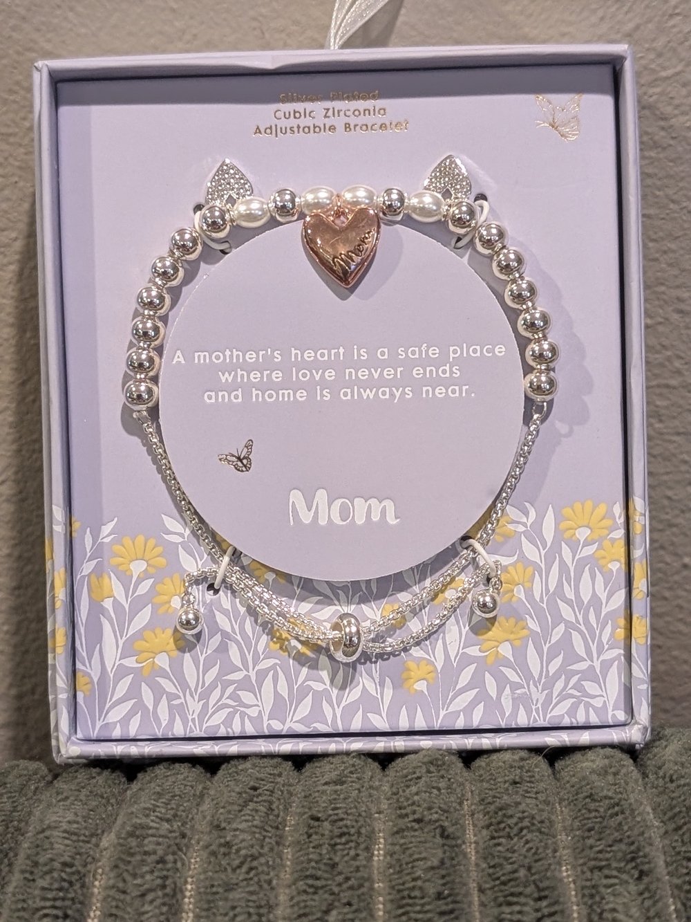 Mom Heart Charm Adjustable Bracelet Set - Silver with Rose Gold Accent - Picture 1 of 3